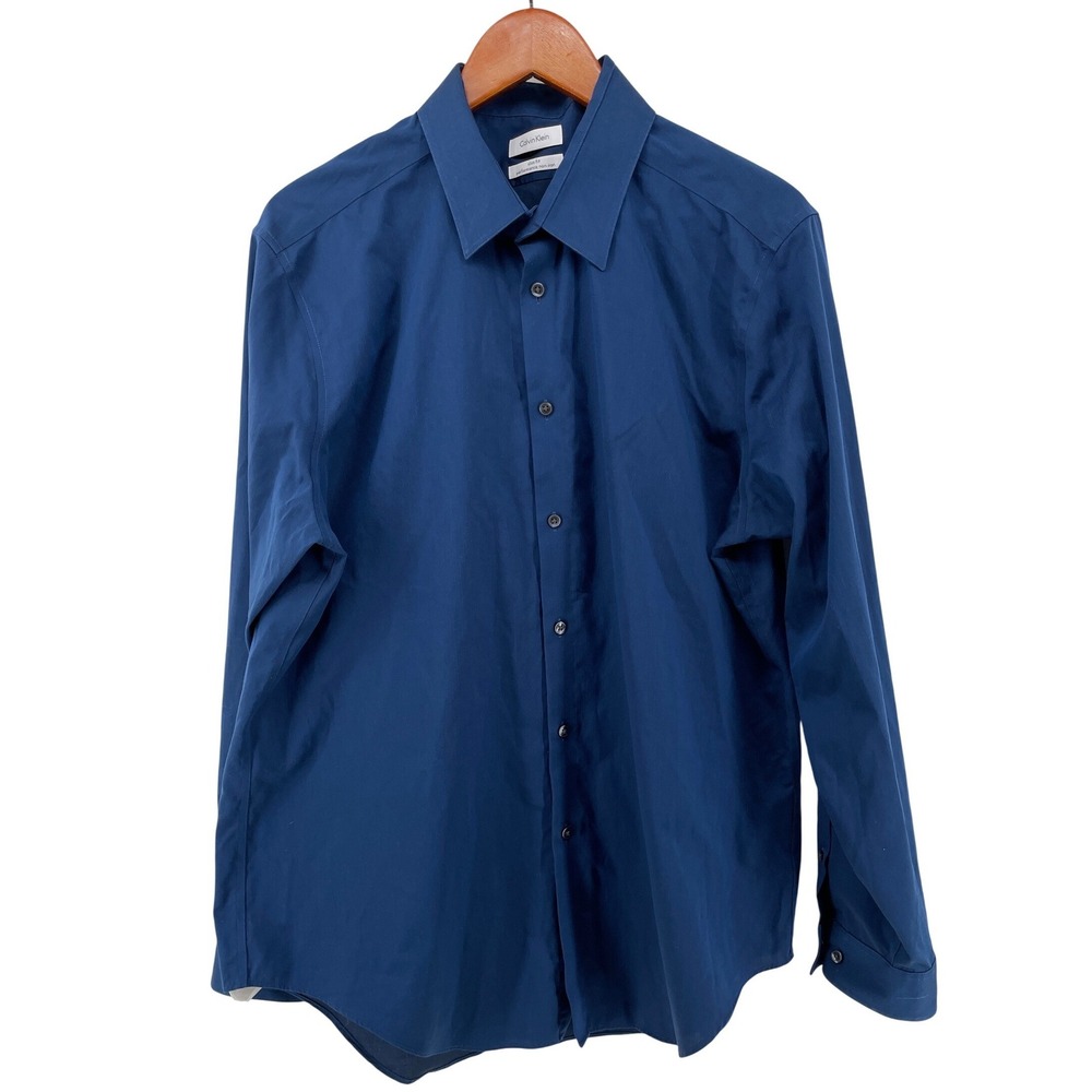 Calvin Klein Dress Shirt Mens 17.5 34/35 Blue Slim Fit Non-Iron Herringbone‎